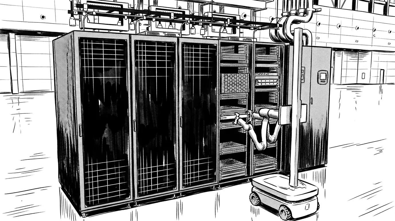 Ink drawing of the robot servicing a rack in a data center cold aisle