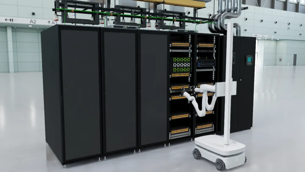 Exclaim robot servicing a rack in a data center